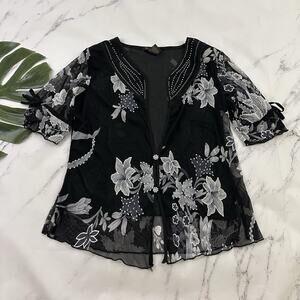 Design Works Womens Vintage y2k Sheer Top Size P L Black White Floral Bows